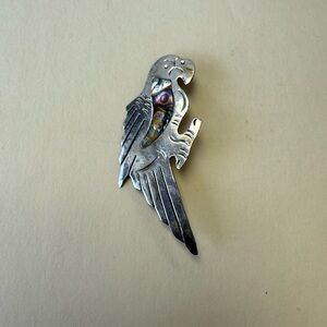 Vintage Alpaca Silver & Abalone Shell Parrot Brooch Mexico.